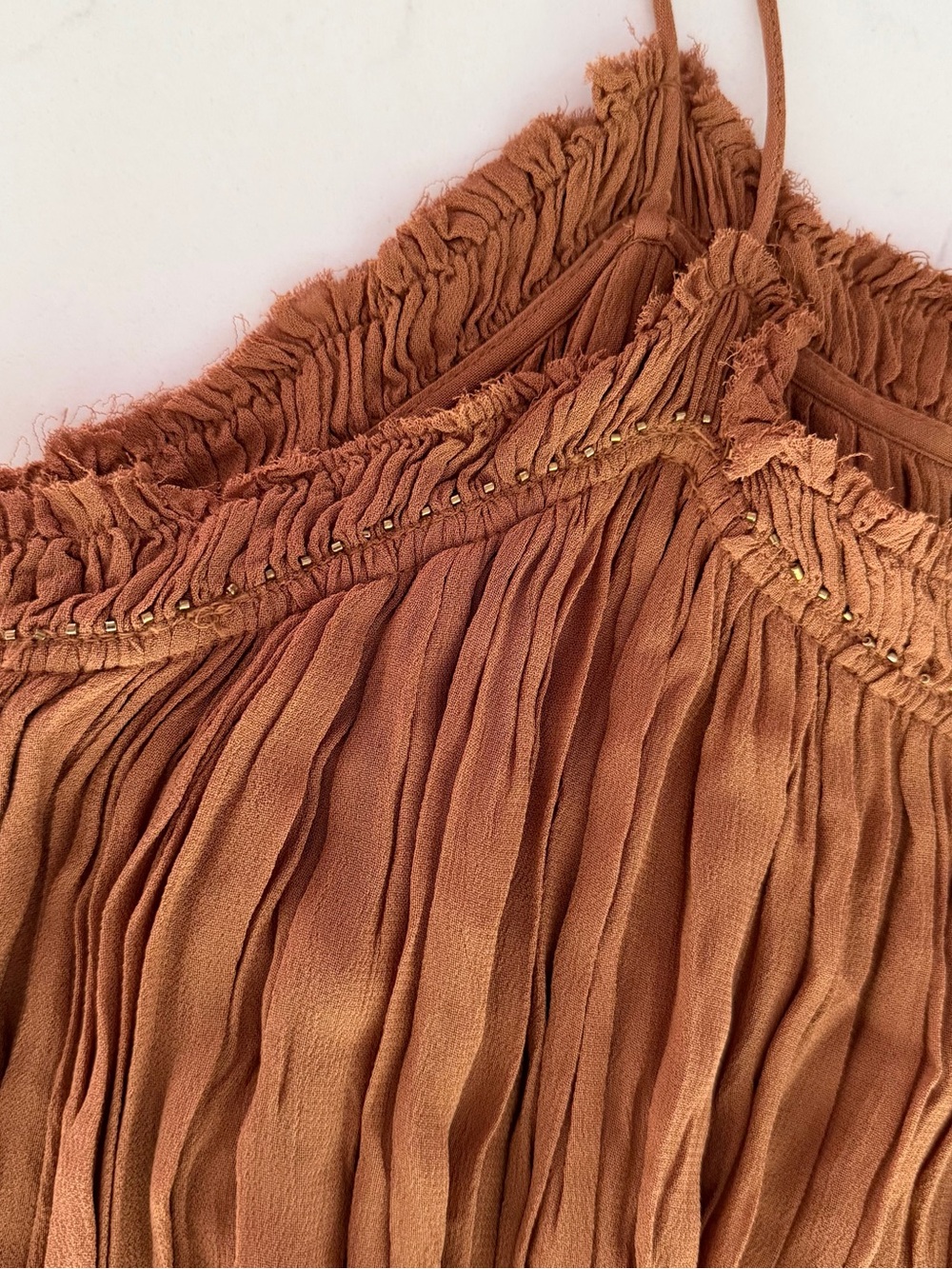 NWT Zara ZW Collection Wrinkled Embroidered Maxi Dress Brown Boho Size L - Picture 10 of 16